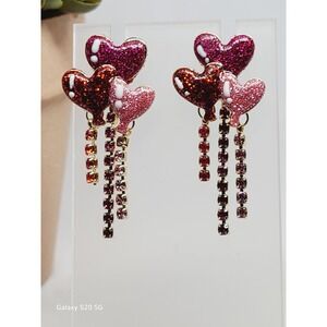Red Pink Glitter Heart Balloon Drop Earrings Rhinestone Fringe Gold Tone Studs